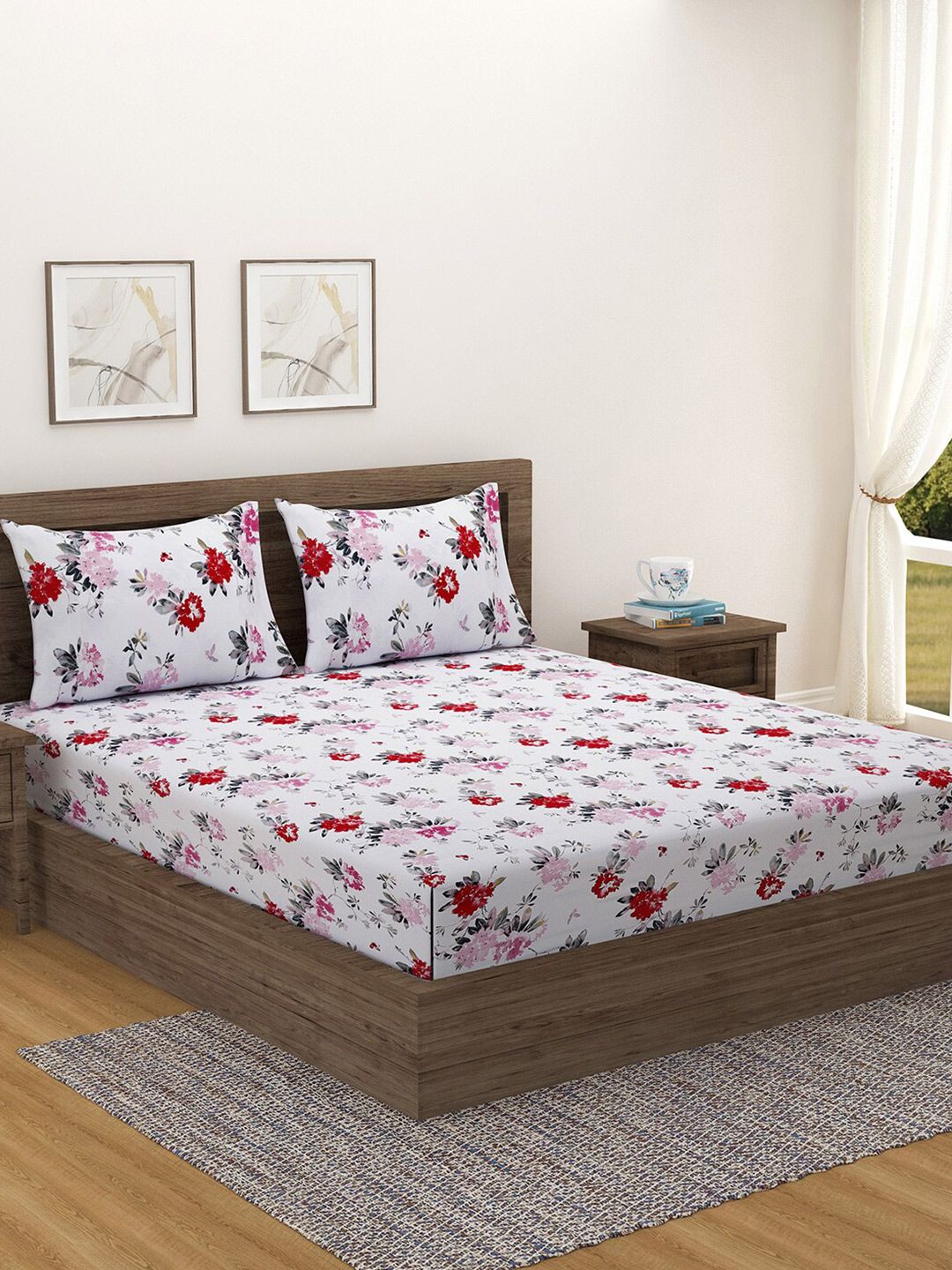 SWAYAM White & Red Floral 200 TC King Bedsheet with 2 Pillow Covers Price in India