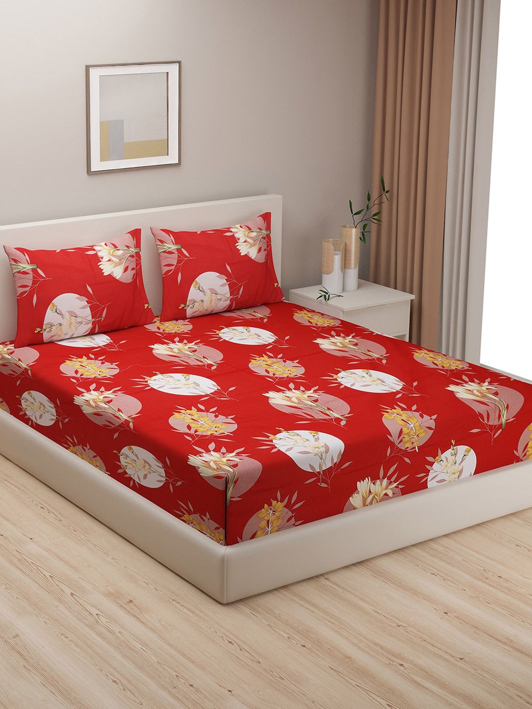 SWAYAM Red & White Floral King Bedsheet with 2 Pillow Covers Price in India