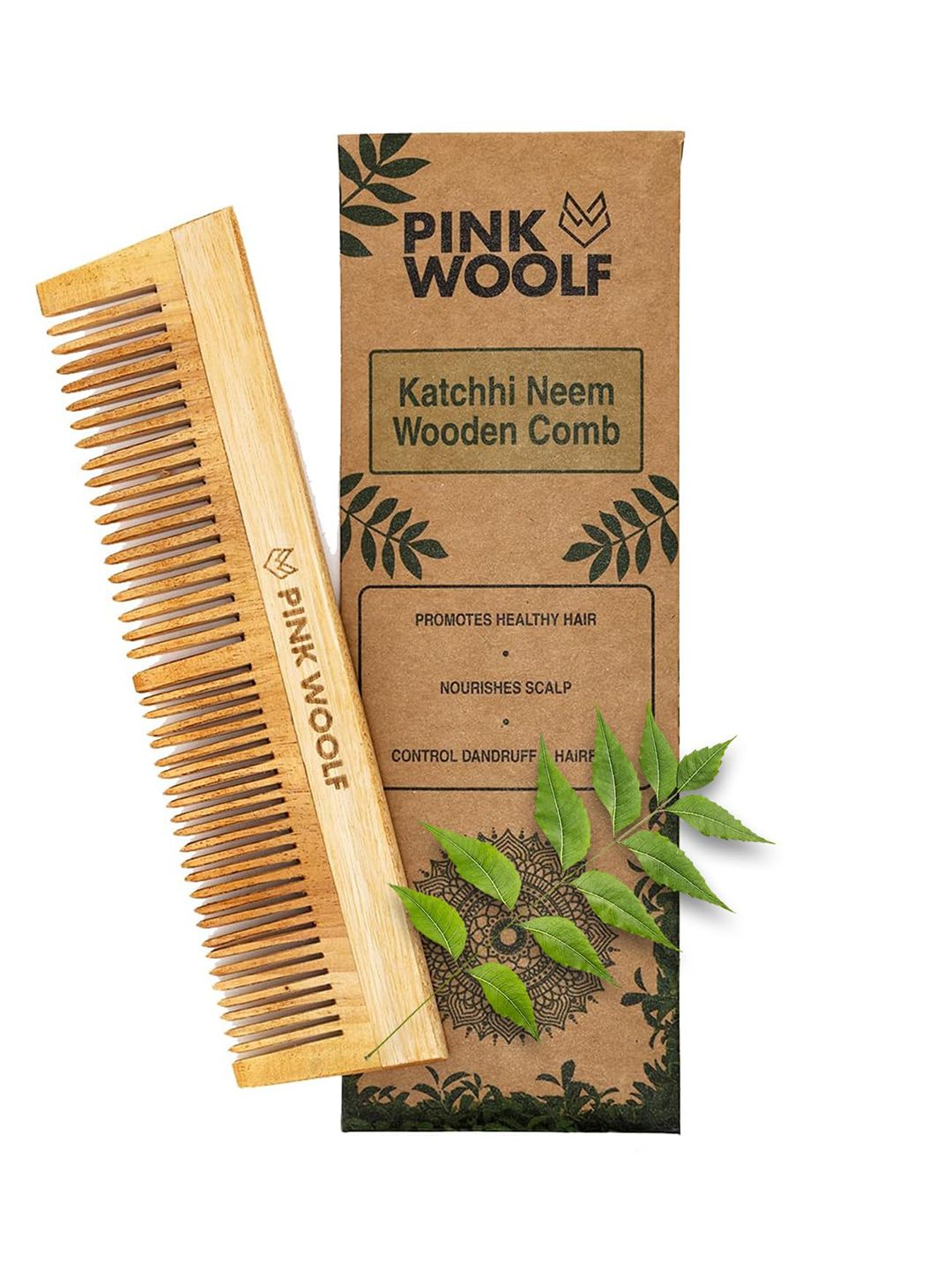 PINK WOOLF Brown Neem Wood Anti-Bacterial Hair Styling Comb with Fine & Wide Teeth