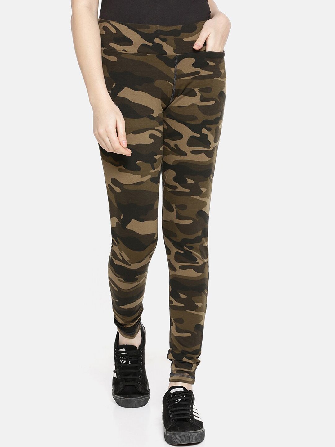 GOLDSTROMS Women Green & Black Camouflage Printed Fitted Tights Price in India