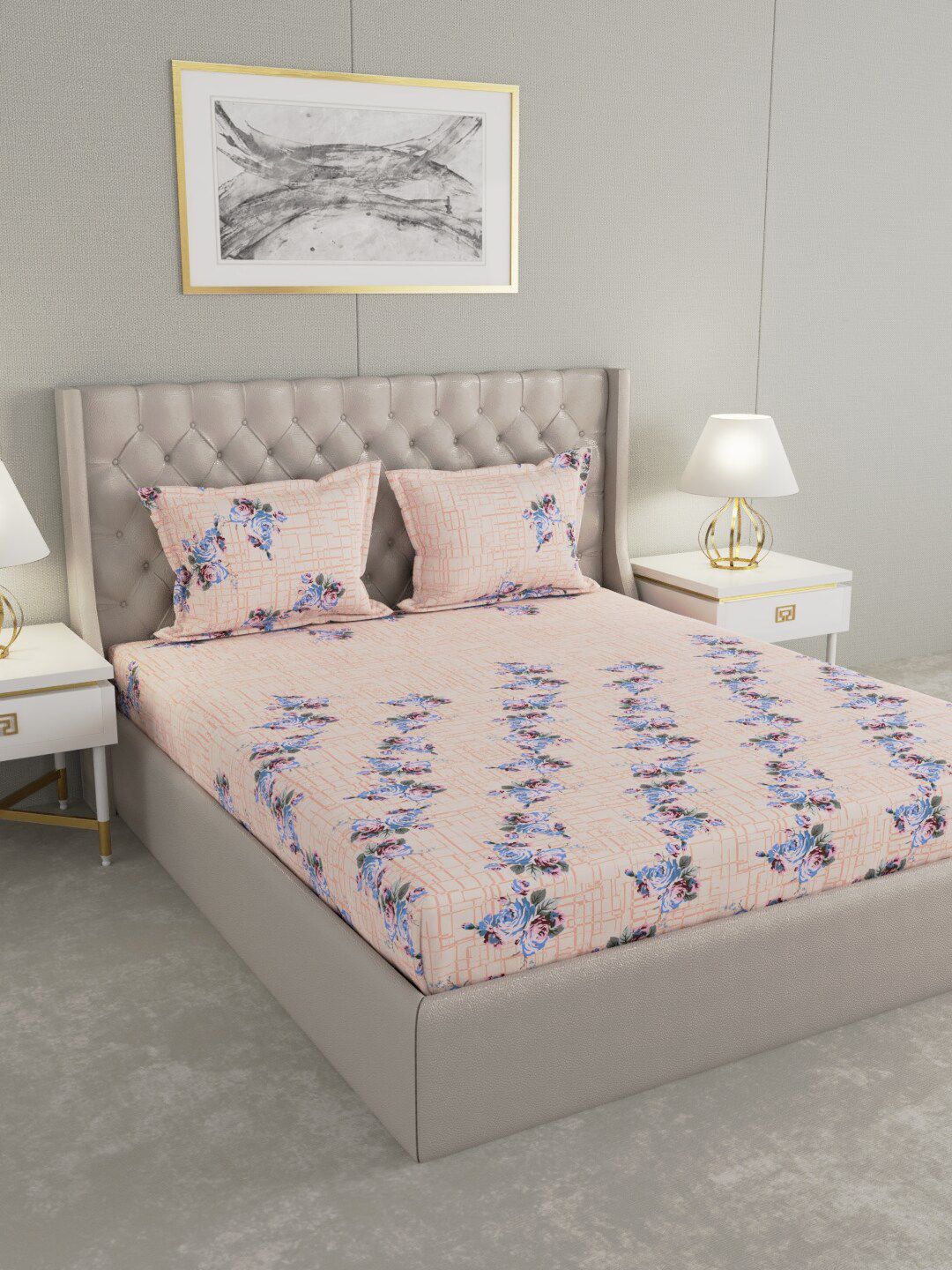 Raymond Home Peach-Coloured & Blue Floral 140 TC King Bedsheet with 2 Pillow Covers Price in India