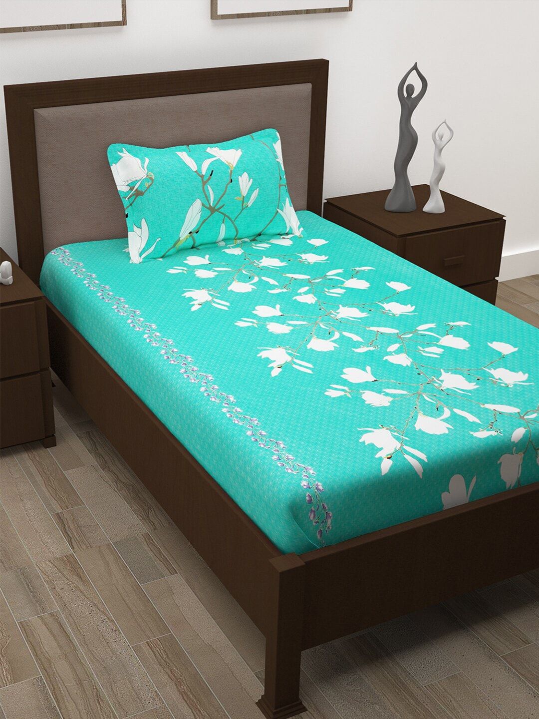Story@home Turquoise Blue & White Floral 186 TC Single Bedsheet with 1 Pillow Covers Price in India