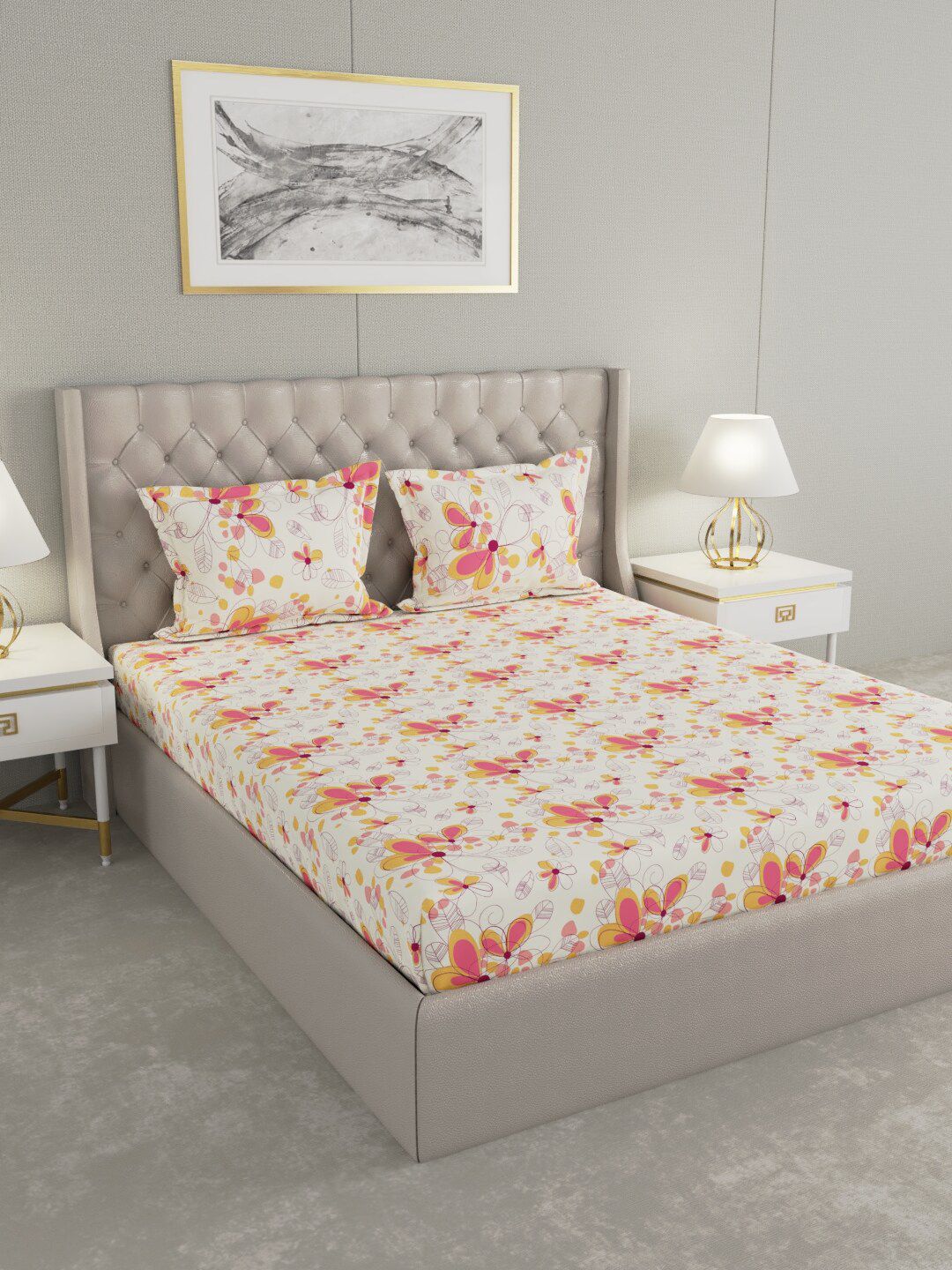 Raymond Home White & Pink Floral 120 TC Queen Bedsheet with 2 Pillow Covers Price in India