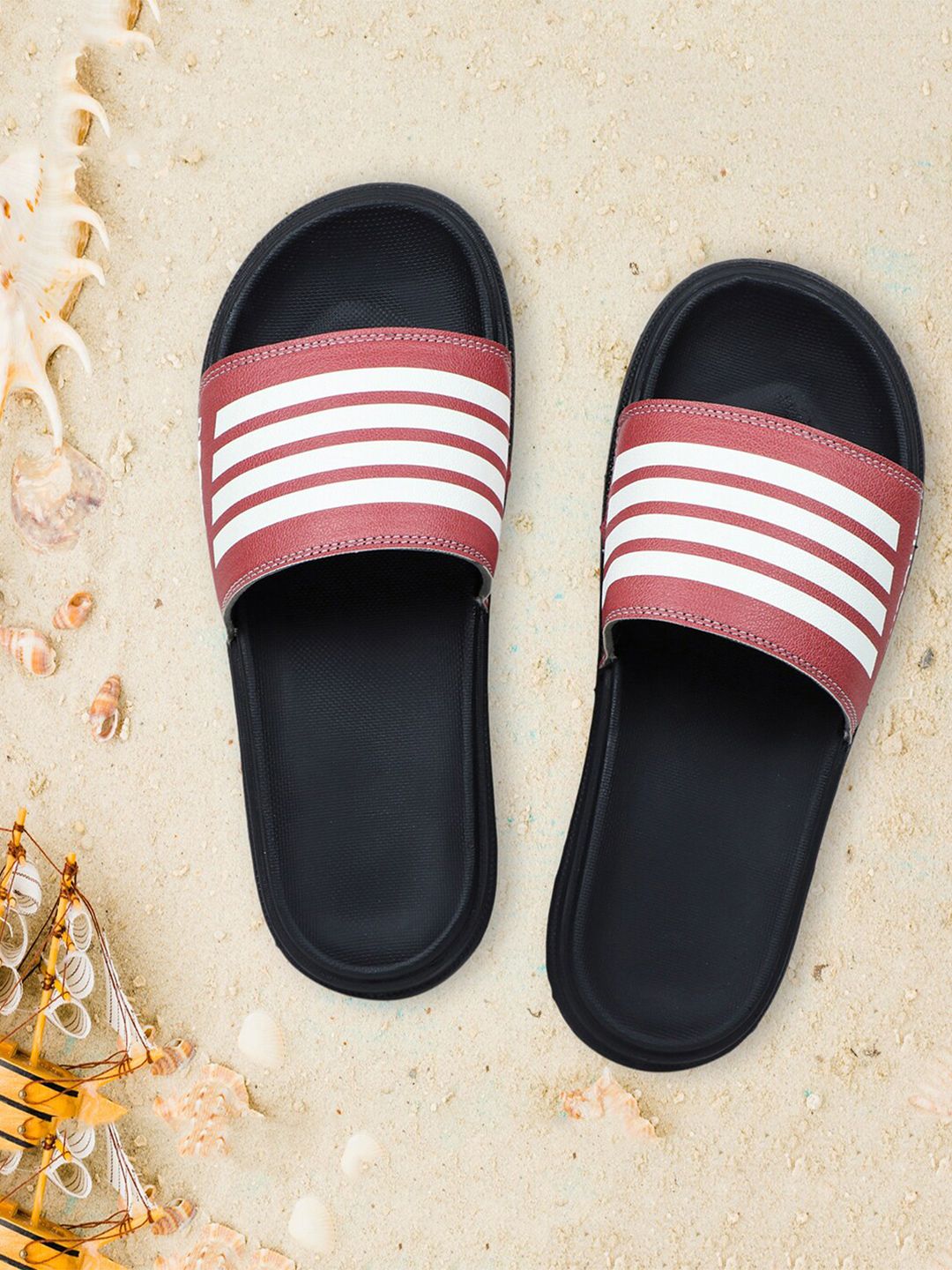 Provogue Men Black & Red Striped Sliders