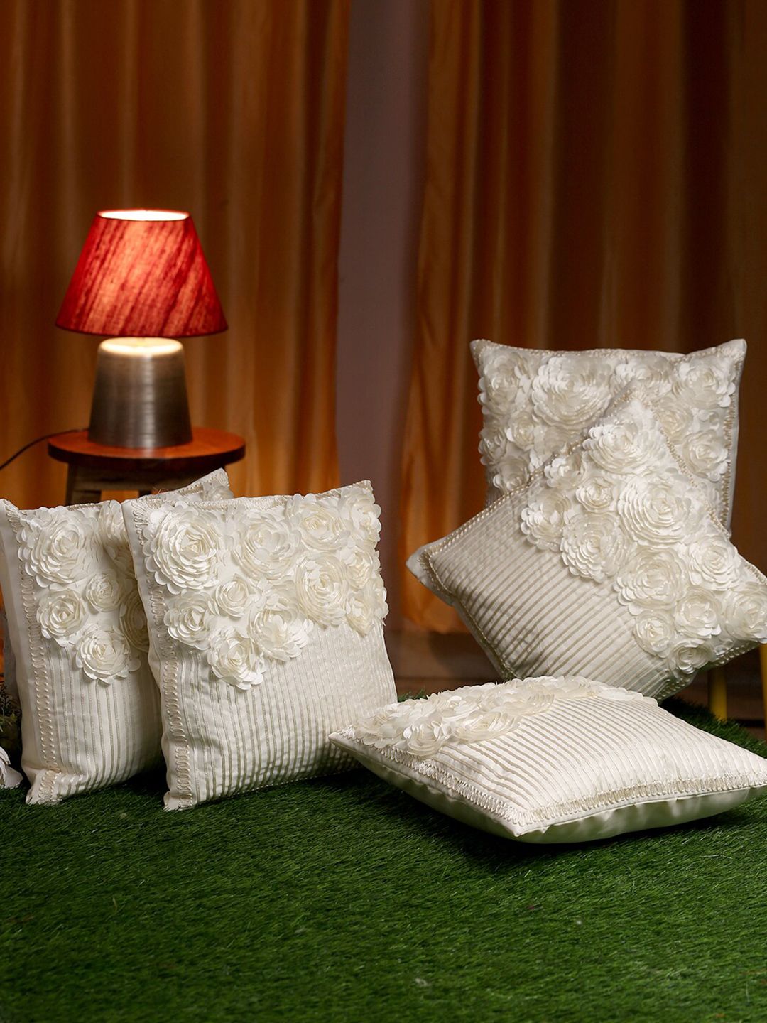 HOSTA HOMES Cream-Coloured Set of 5 Floral Square Cushion Covers Price in India