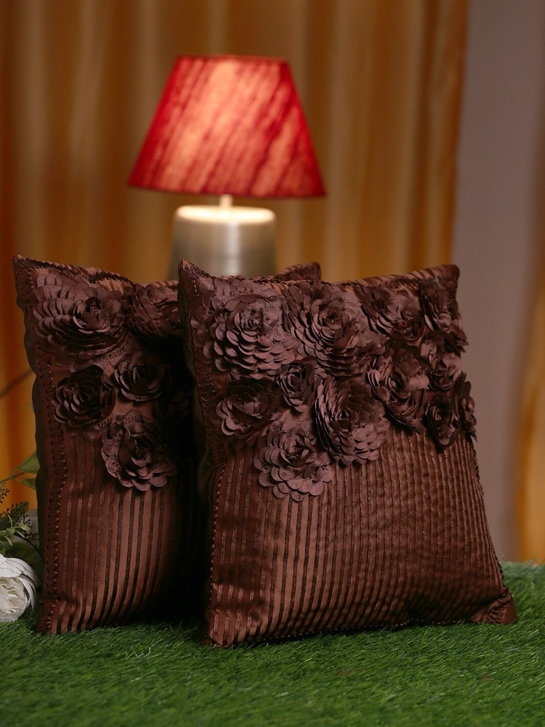 HOSTA HOMES Brown Set of 2 Floral Square Cushion Covers Price in India