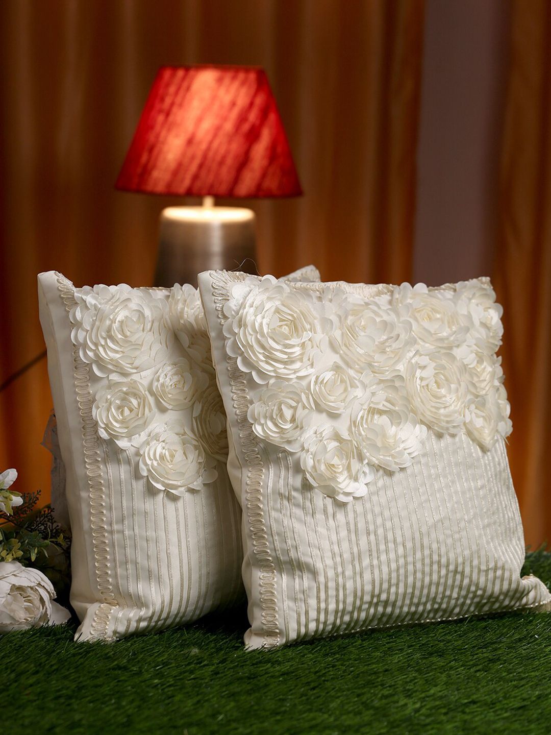 HOSTA HOMES Cream-Coloured Set of 2 Floral Square Cushion Covers Price in India