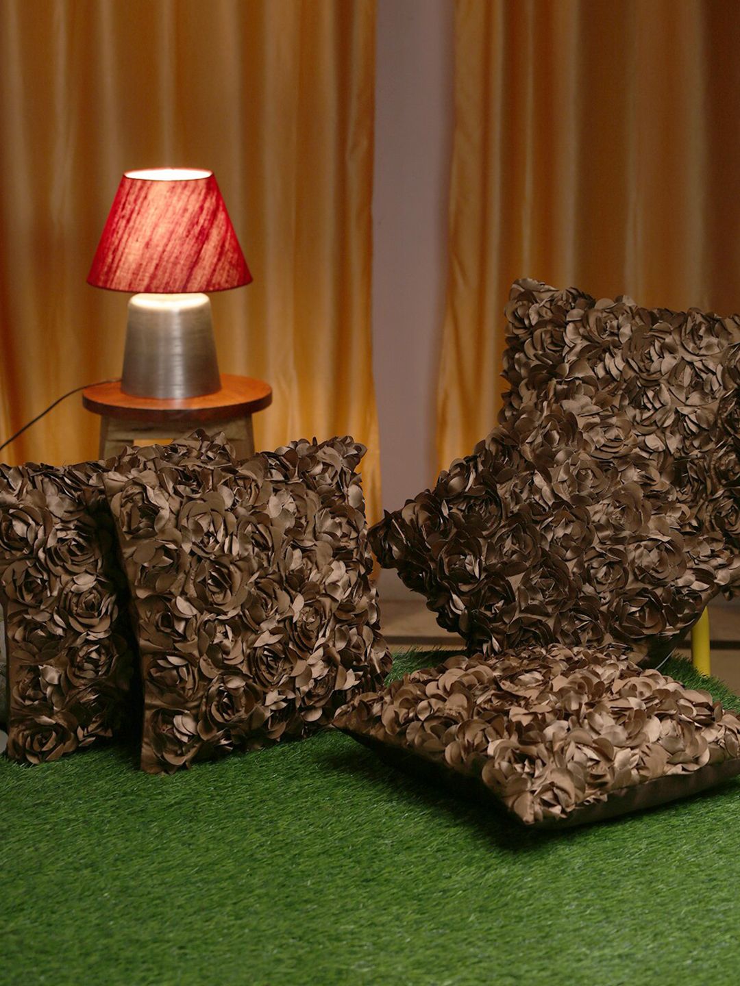 HOSTA HOMES Brown Set of 5 Floral Square Cushion Covers Price in India