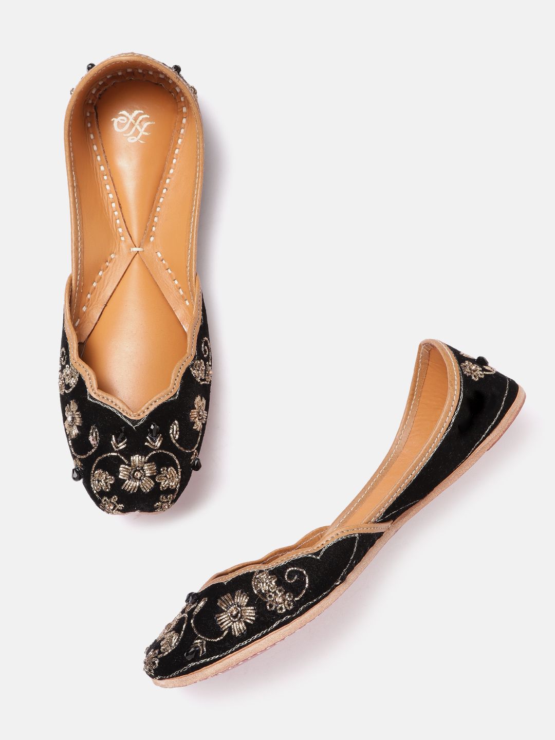 House of Pataudi Women Black & Gold-Toned Floral Stone Embellished Handcrafted Ballerinas Price in India