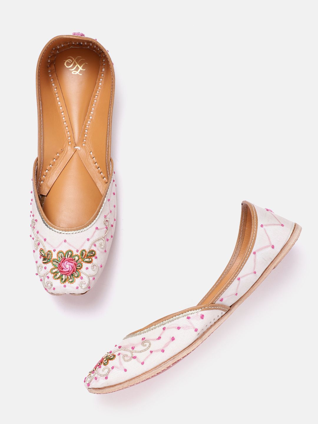 House of Pataudi Women White & Pink Embellished Leather Handcrafted Mojaris Price in India