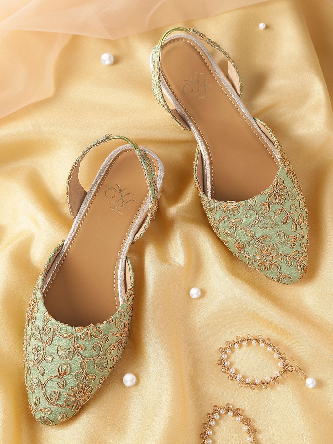 House of Pataudi Women Green & Gold-Toned Embroidered Mules Price in India