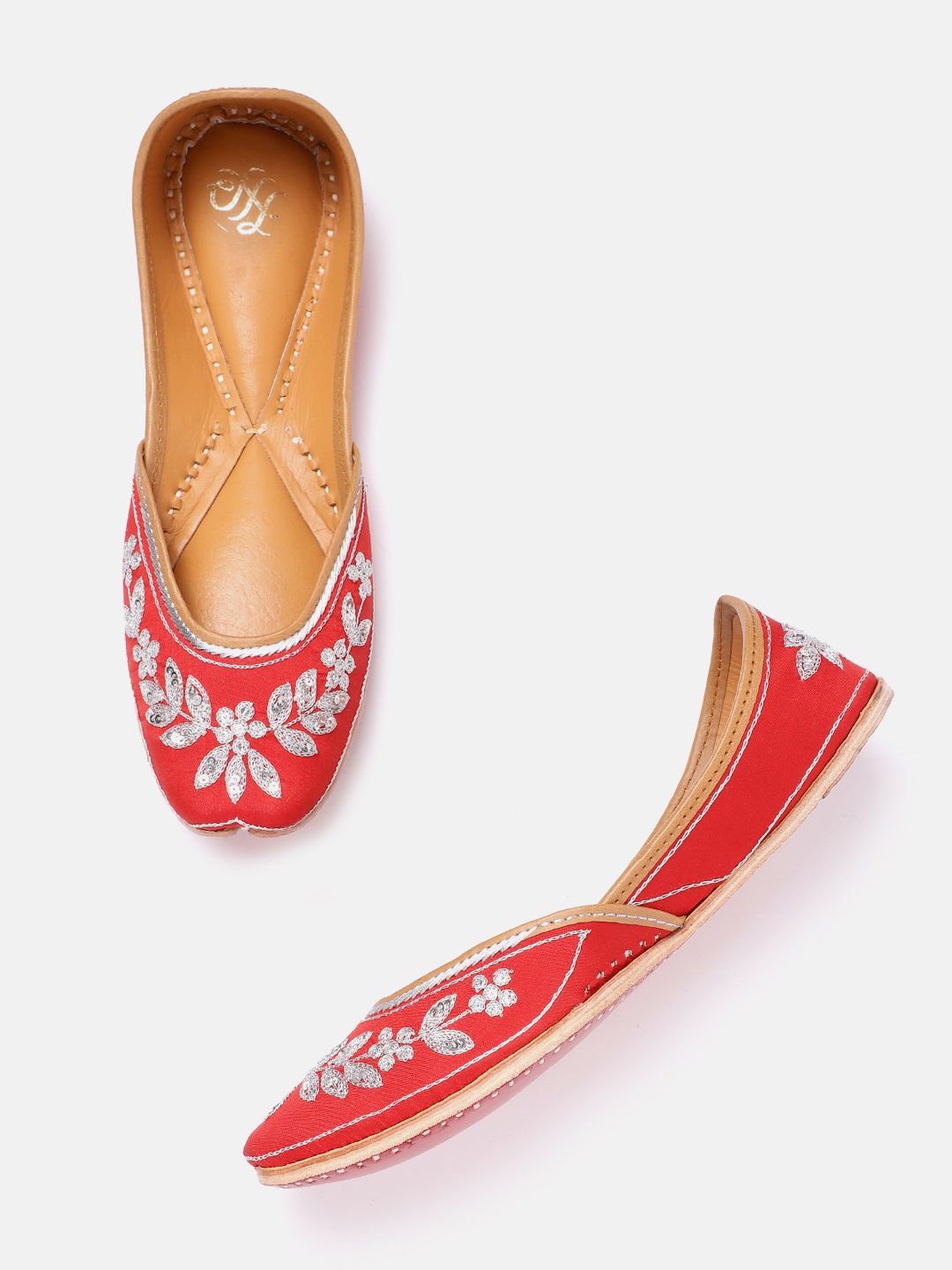 House of Pataudi Women Red & Silver-Toned Embroidered Handcrafted Mojaris Price in India