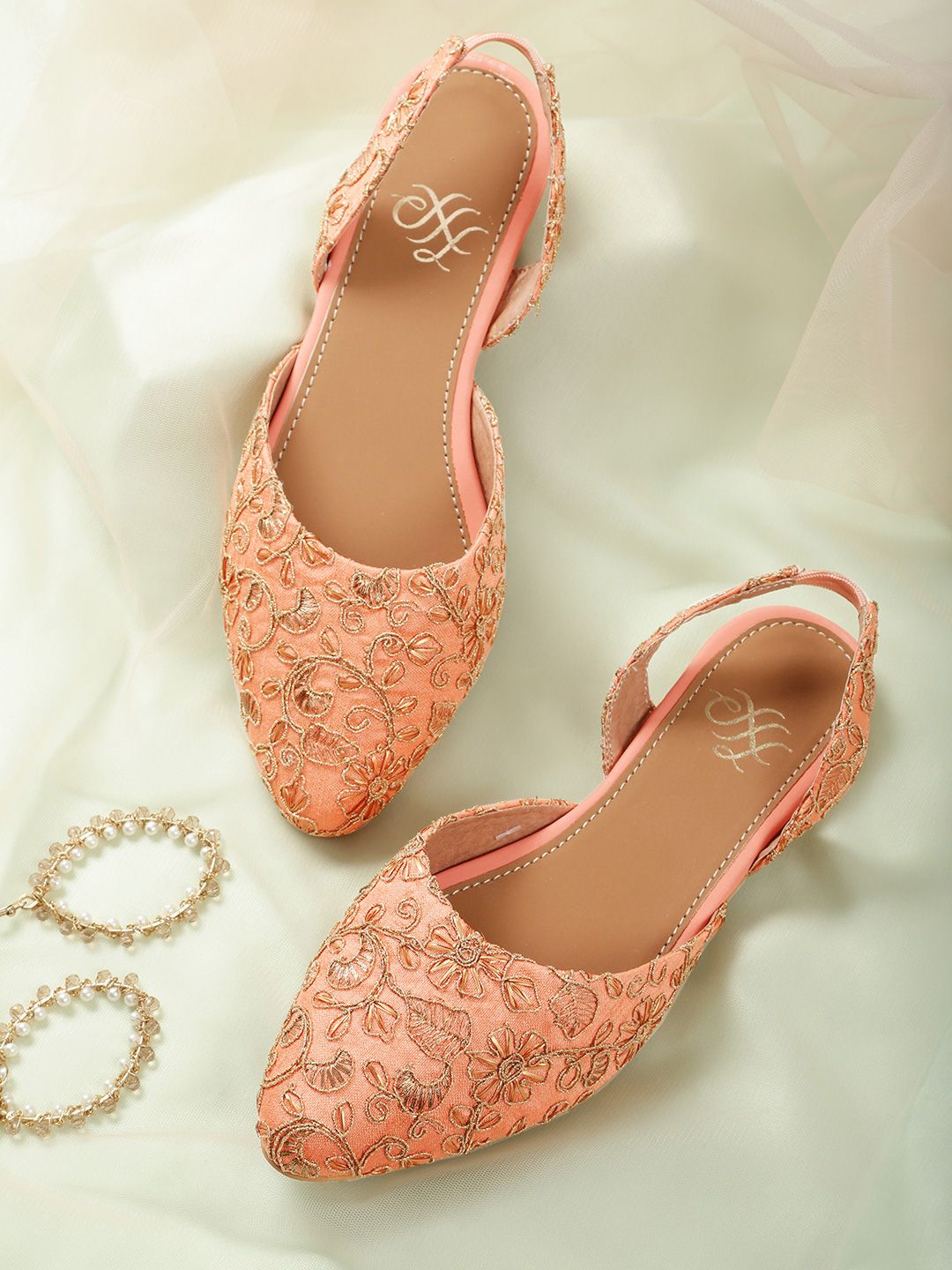 House of Pataudi Women Peach-Coloured & Gold-Toned Embellished Leather Handcrafted Mules Price in India