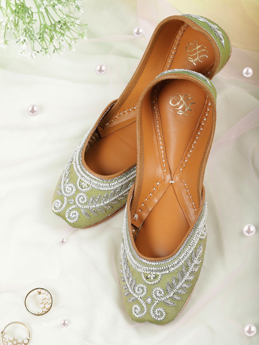 House of Pataudi Women Olive Green & White Embellished Ethnic Handcrafted Mojaris Price in India