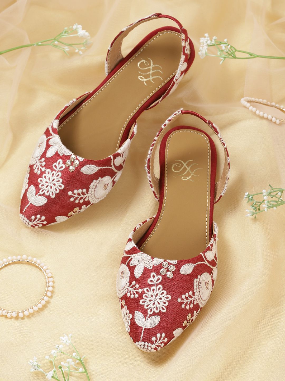 House of Pataudi Women Maroon & White Embroidered Mules Price in India