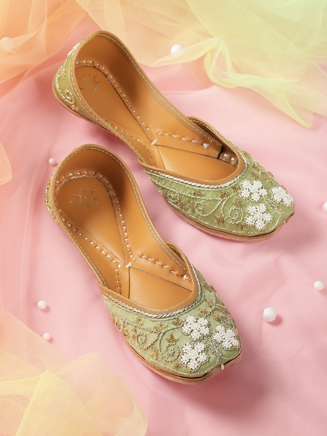 House of Pataudi Women Olive Green & White Floral Embroidered & Beaded Handcrafted Mojaris Price in India