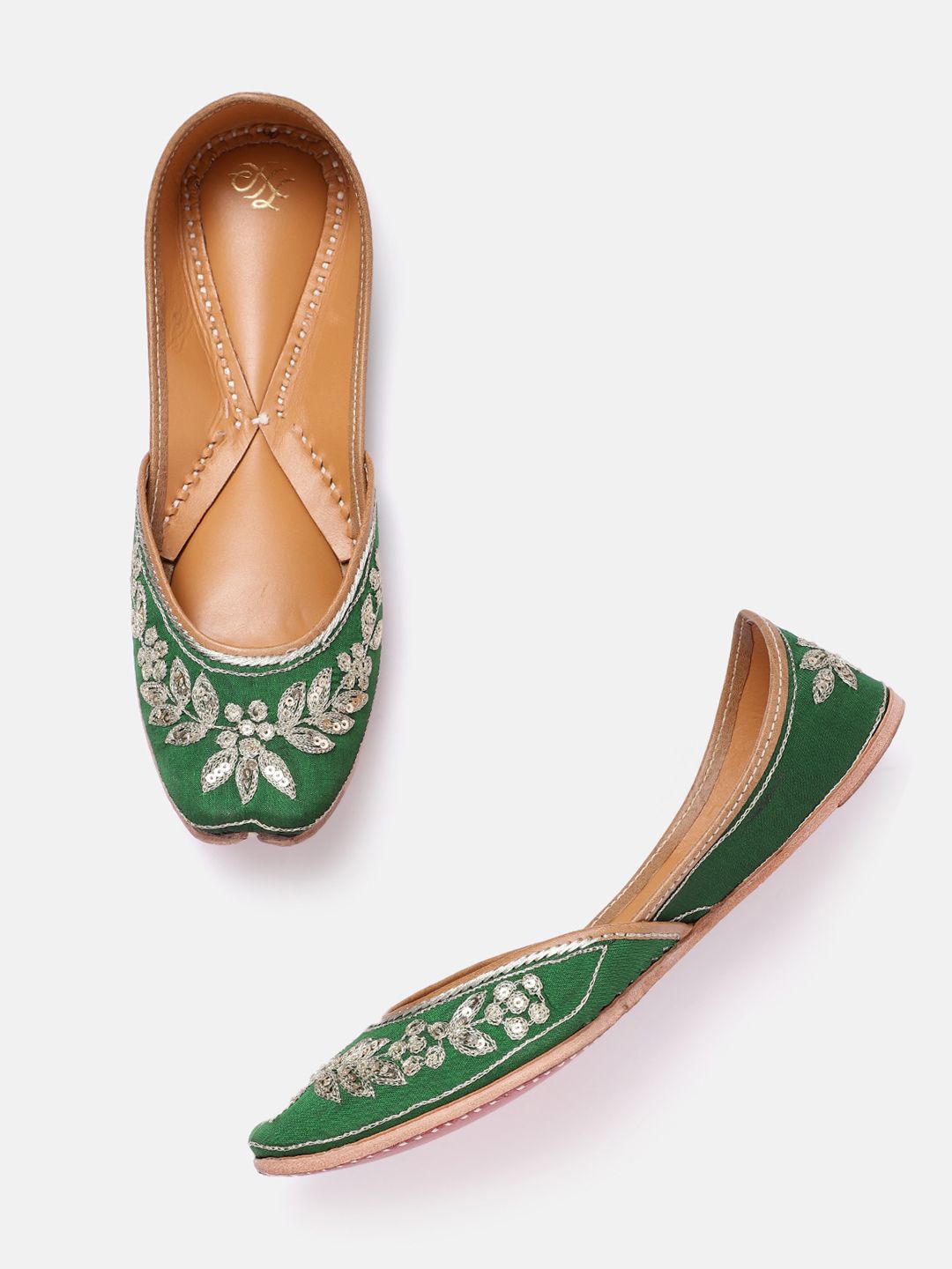 House of Pataudi Women Green & Gold-Toned Handcrafted Embroidered Mojaris Price in India