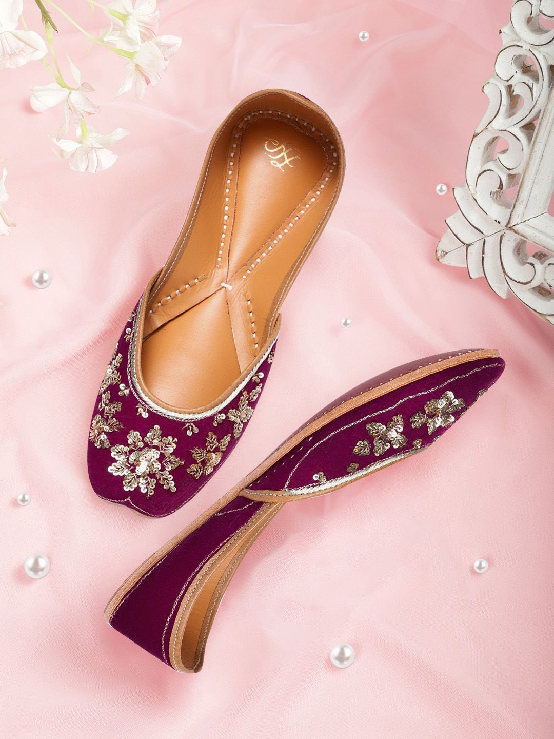 House of Pataudi Women Magenta & Gold-Toned Handcrafted Embellished Mojaris Price in India