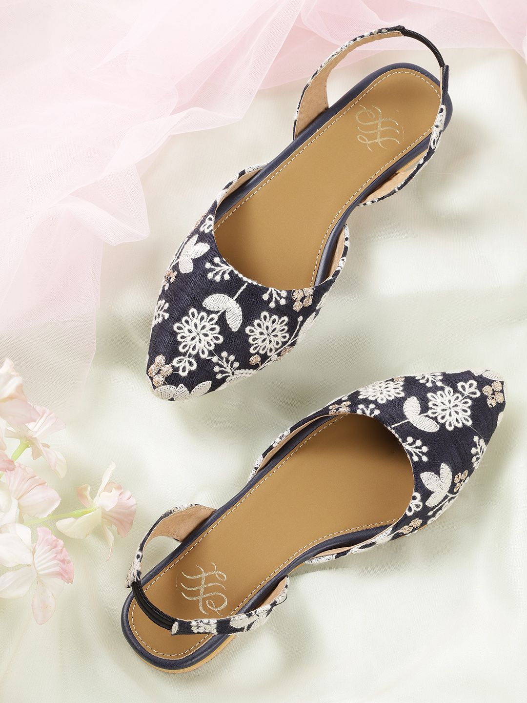 House of Pataudi Women Navy Blue & White Embellished Leather Handcrafted Mules & Pouch Price in India