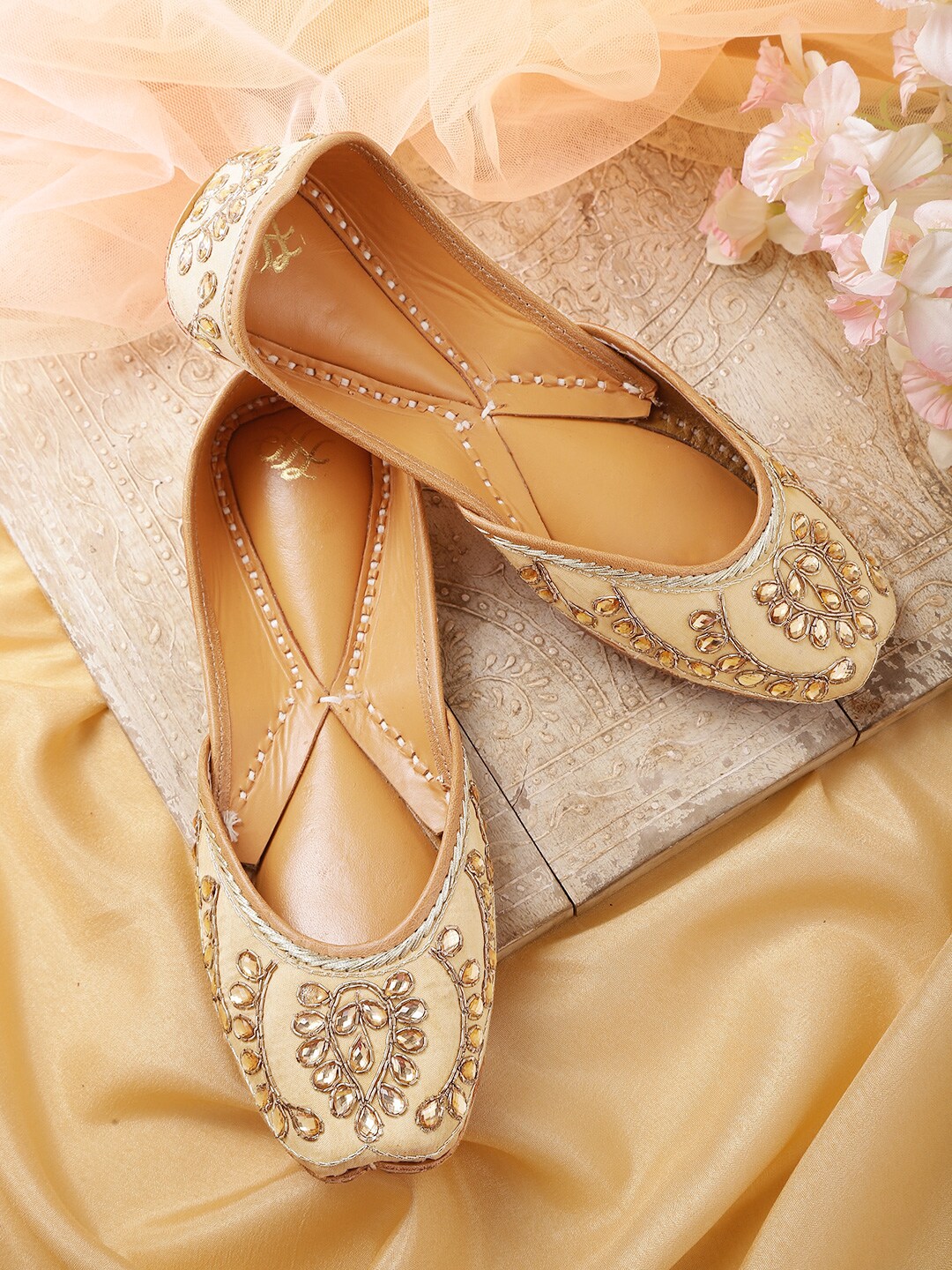House of Pataudi Women Gold-Toned Embellished Leather Mojaris with Pouch Price in India