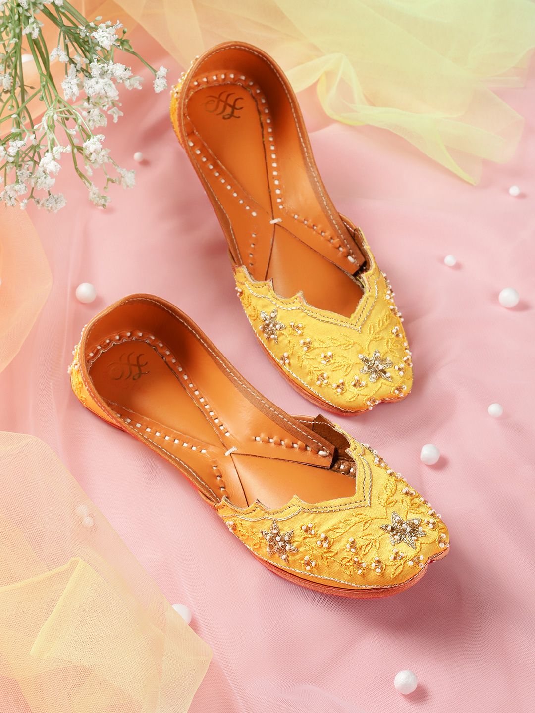 House of Pataudi Women Yellow & Gold-Toned Floral Embroidered Handcrafted Mojaris Price in India