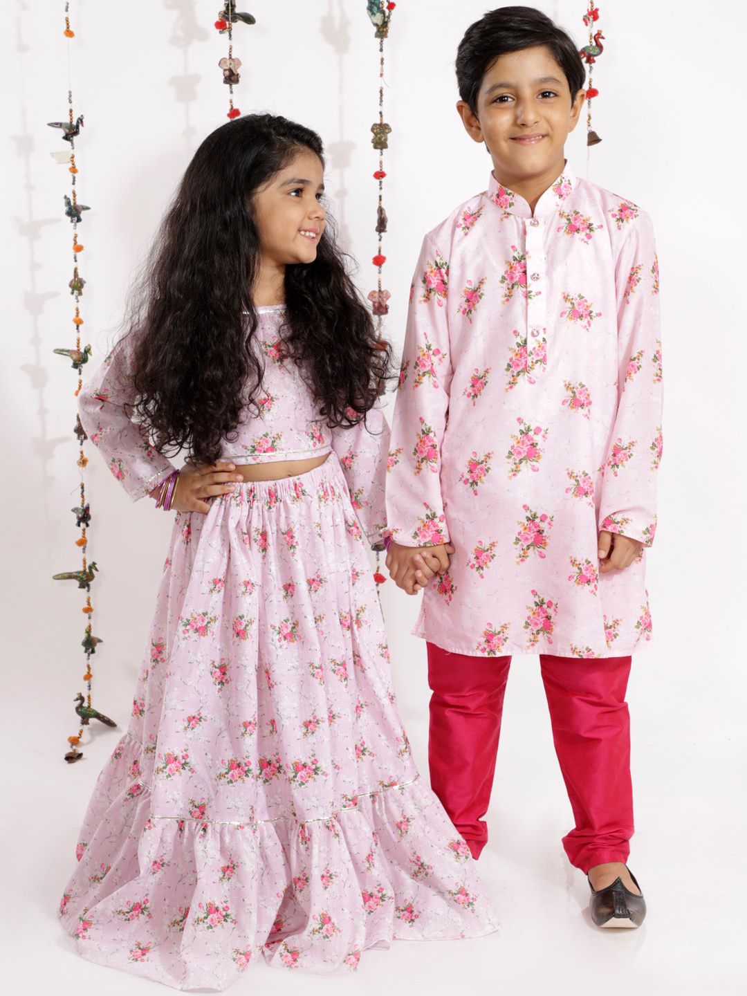 VASTRAMAY Girls Pink & Red Printed Ready to Wear Cotton Lehenga & Choli