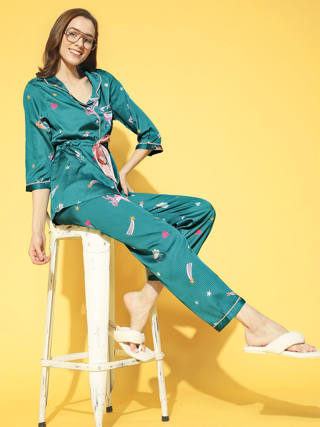 Bannos Swagger Women Tranquil Teal Graphic Printed Night Suit Price in India