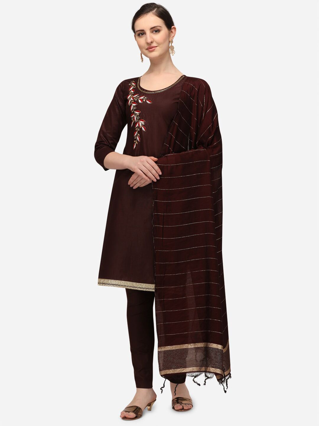 Iris Coffee Brown & Red Embroidered Unstitched Dress Material Price in India