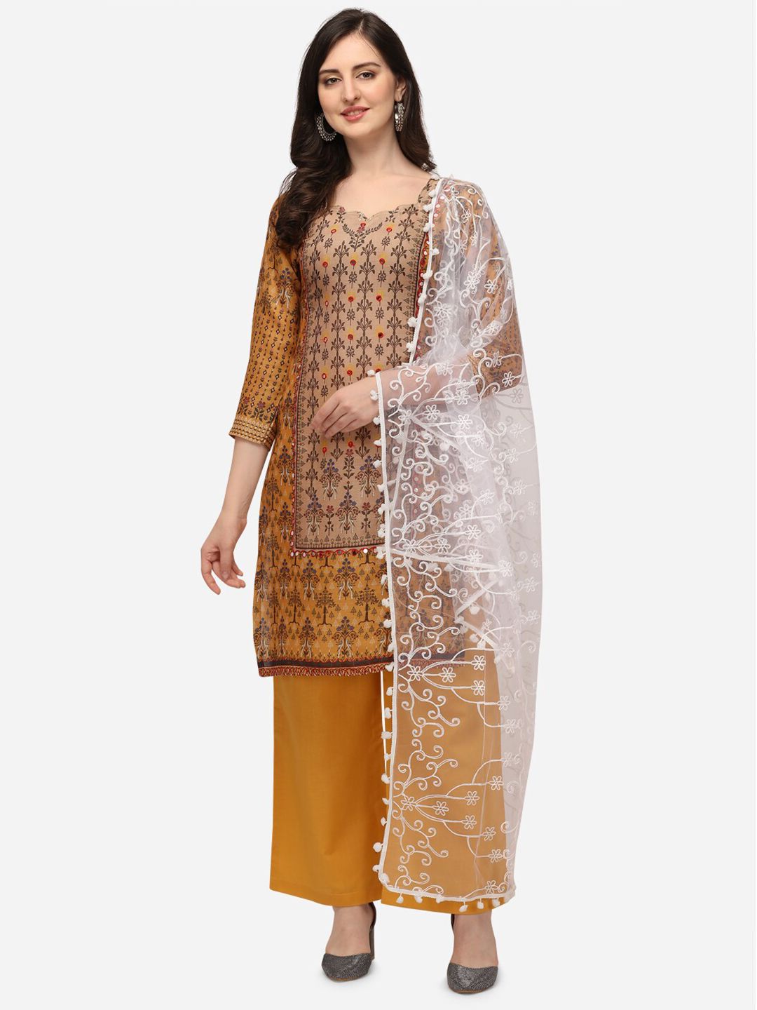 Iris Yellow & White Printed Unstitched Dress Material Price in India