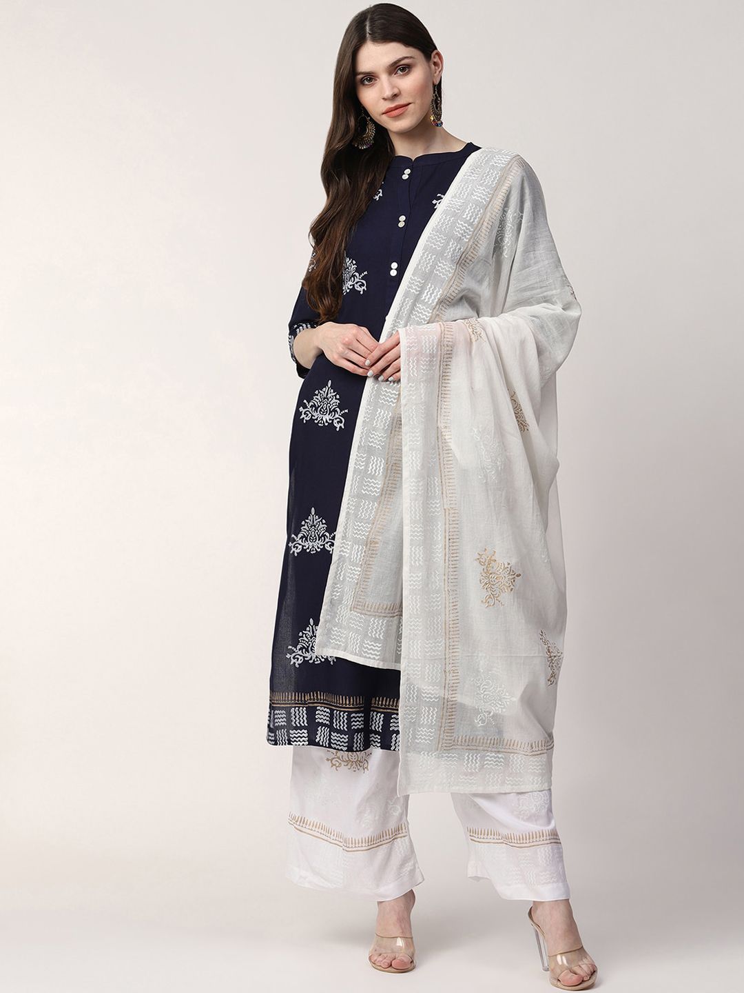 Indi INSIDE Women Blue & White Linen Kurta with Palazzos & With Dupatta