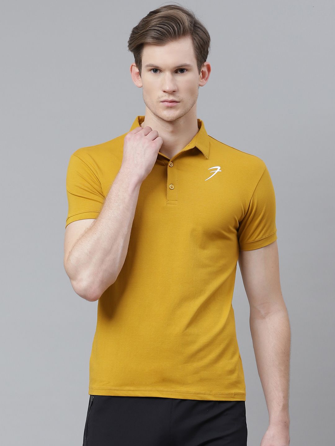 FUAARK Men Mustard Yellow Solid Polo Collar Slim Fit T-shirt
