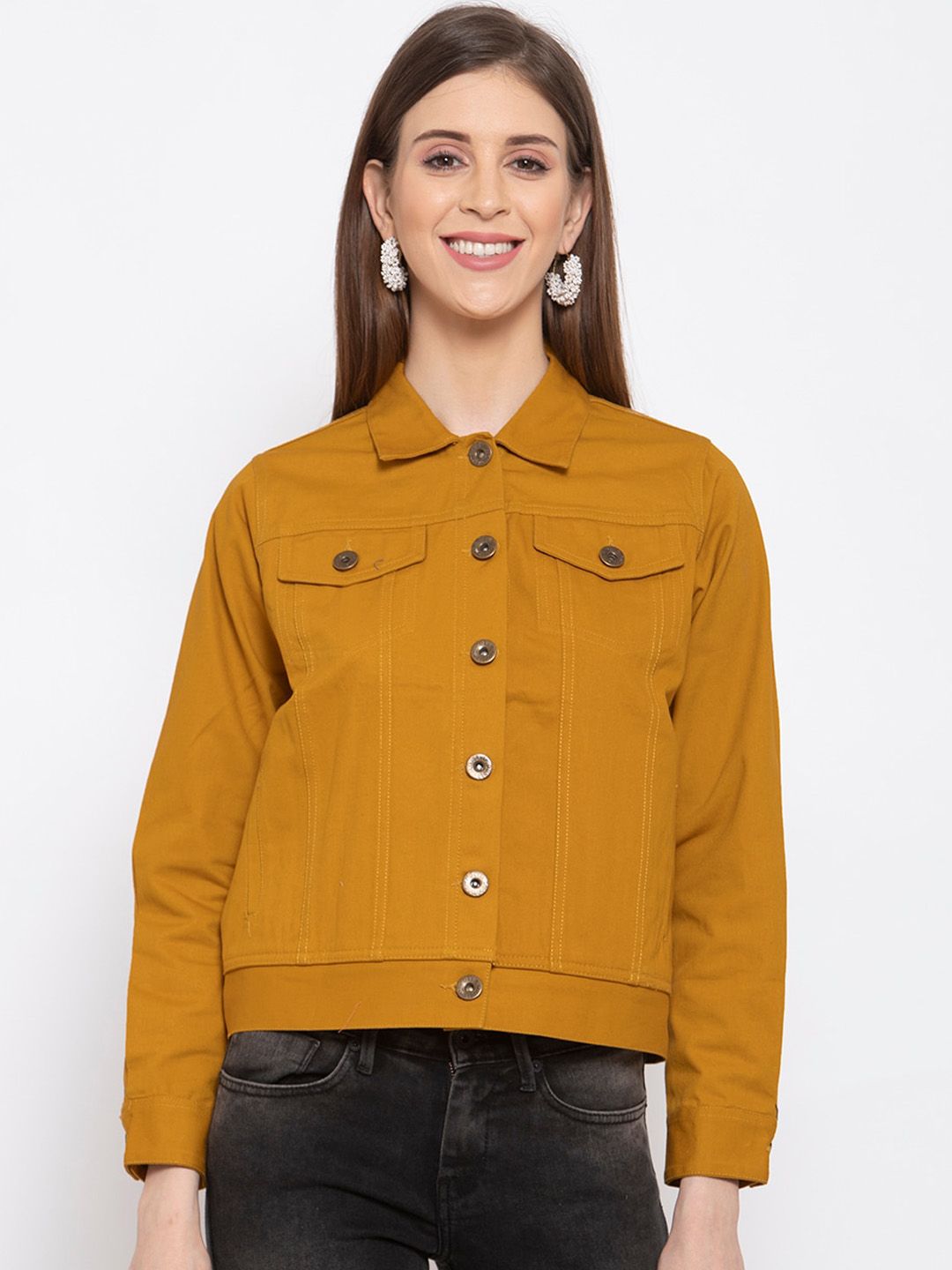 Style Quotient Women Mustard Solid Denim Jacket Price in India