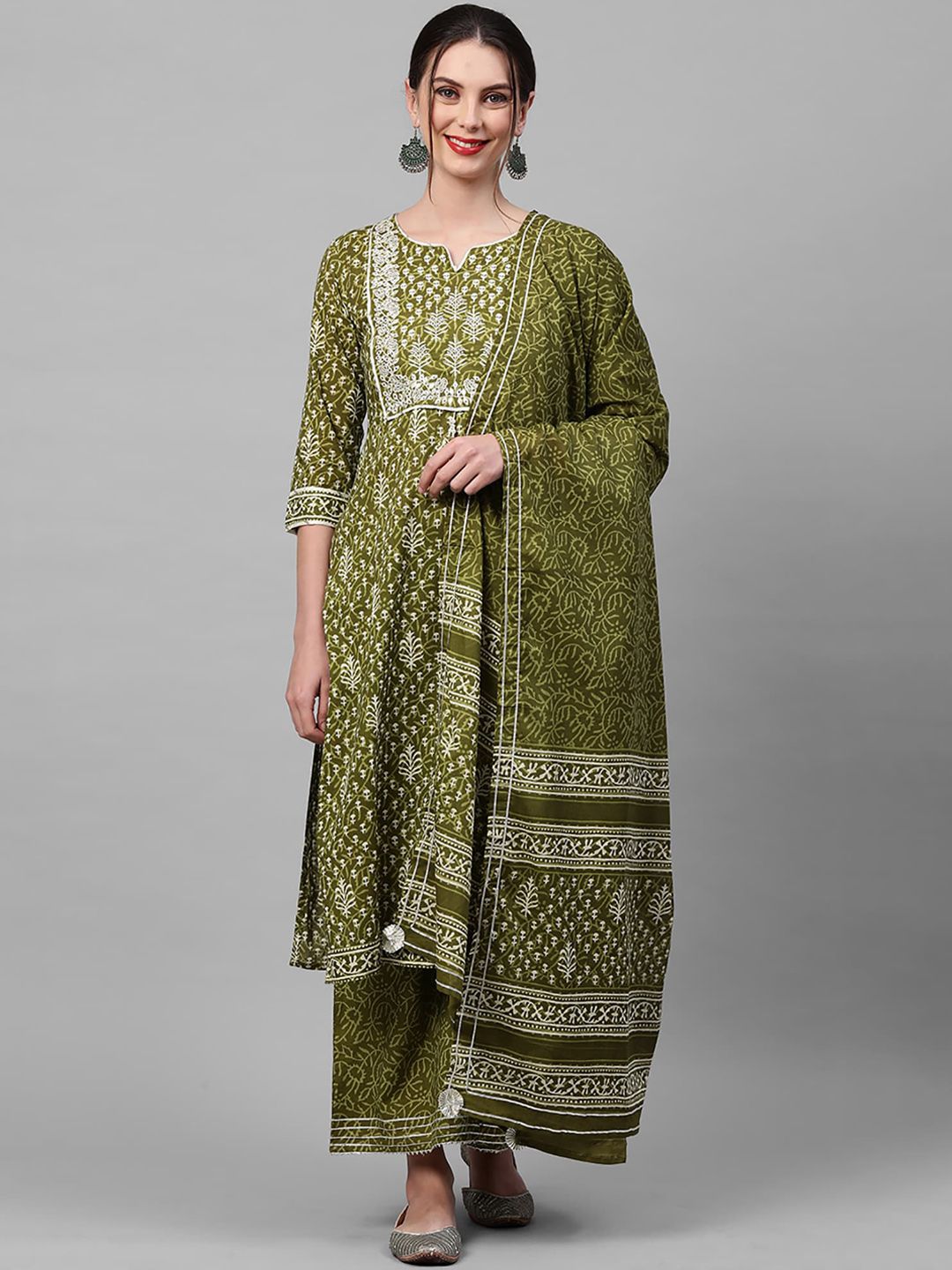 Indo Era Women Green Printed Kurta with Palazzos & With Dupatta