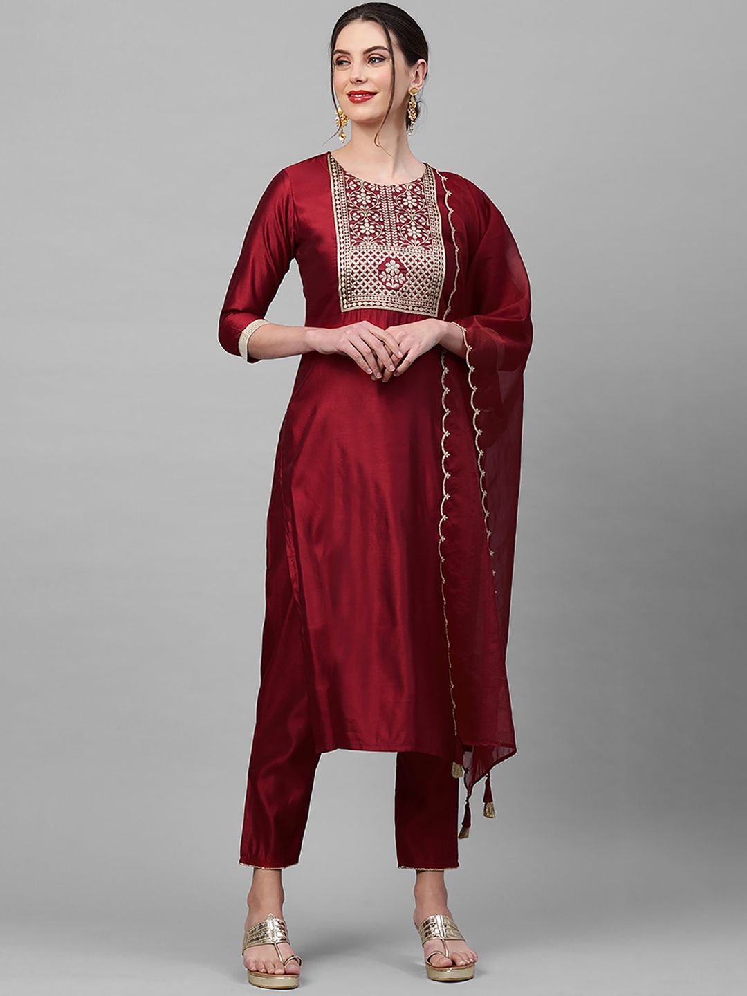 Indo Era Women Red Yoke Design Panelled Zardozi Liva Kurta with Trousers & With Dupatta Price in India