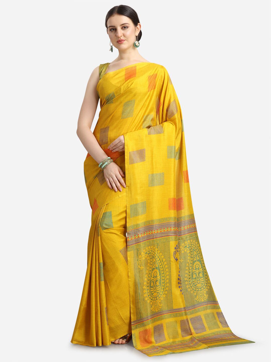 KALINI Yellow & Green Ethnic Motifs Fusion Saree Price in India
