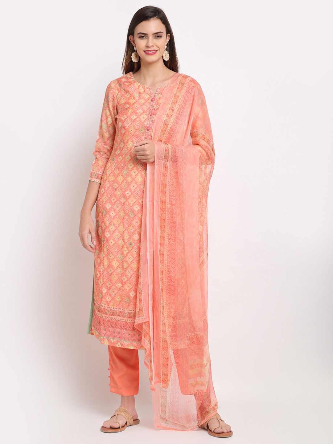 Stylee LIFESTYLE Coral & Green Printed Pure Silk Unstitched Dress Material Price in India