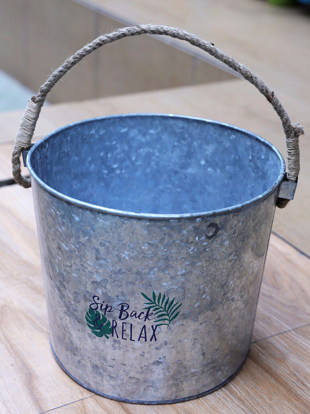 A Vintage Affair- Home Decor Silver-Toned & Blue Relax Rustic Storage Bucket Price in India