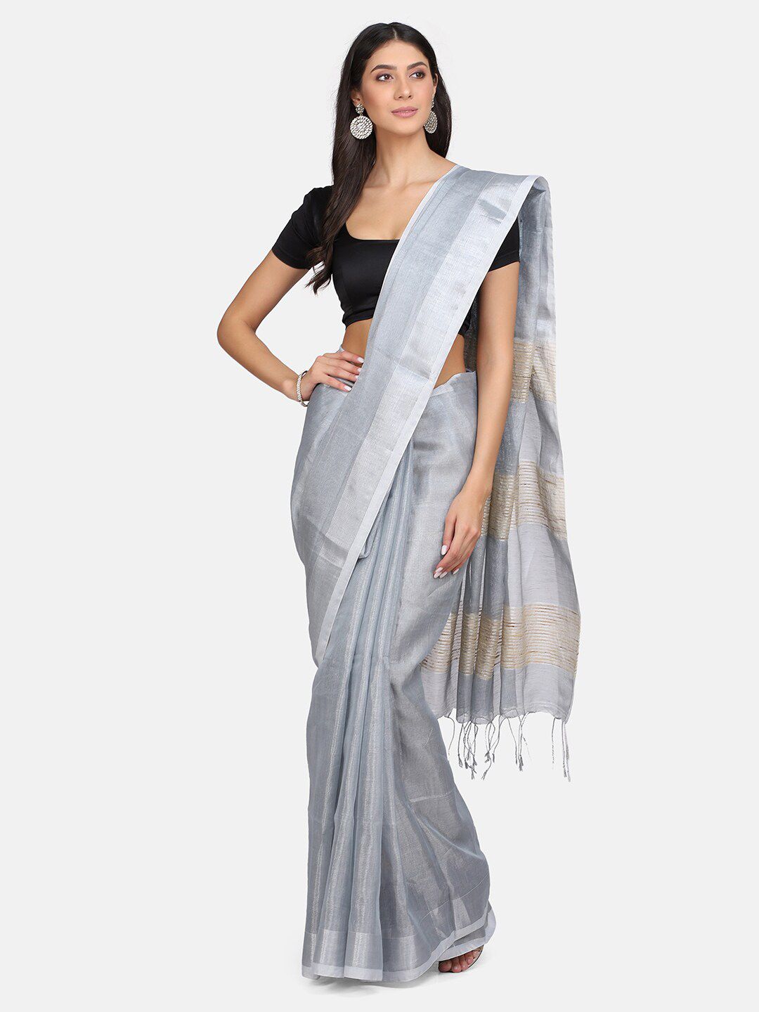 Mirraw Grey Pure Linen Fusion Saree Price in India