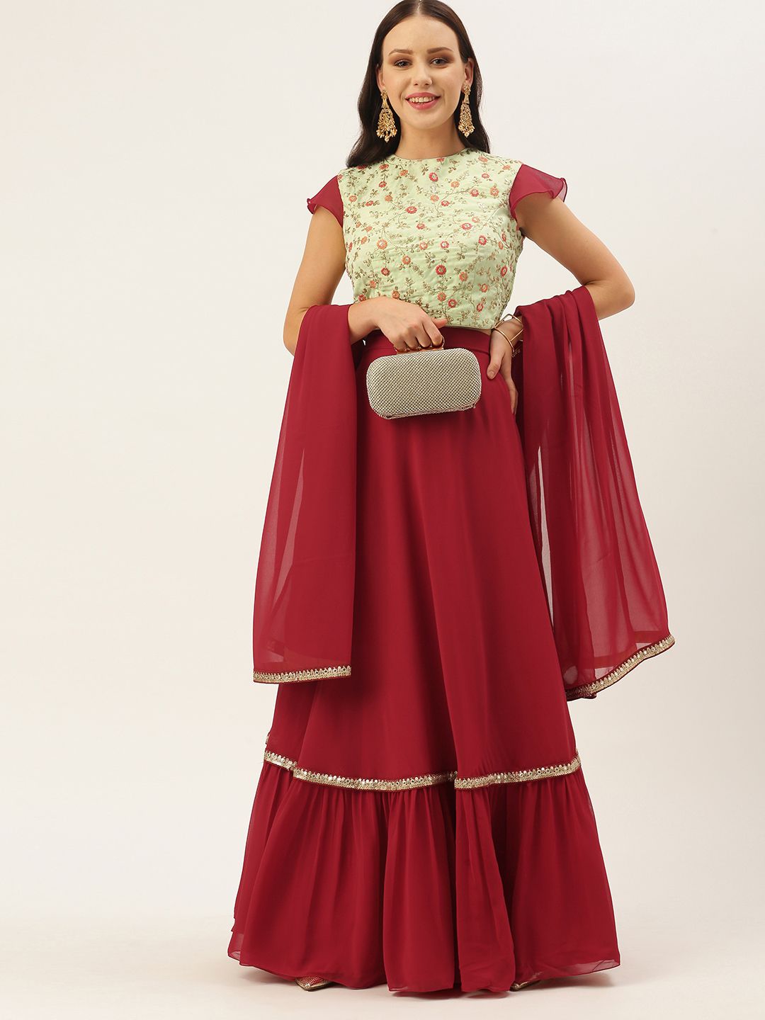 EthnoVogue Green & Maroon Embroidered Thread Work Ready to Wear Lehenga & Made Measure Blouse With Dupatta Price in India