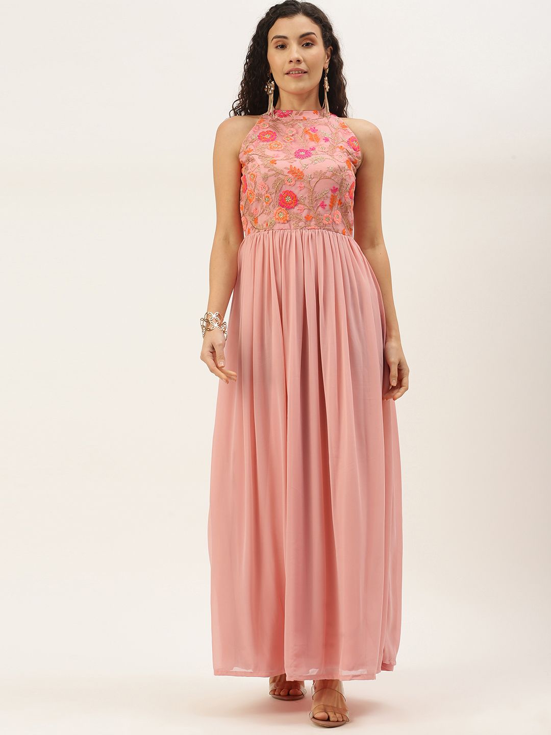 EthnoVogue Pink Floral Embroidered Halter Neck Georgette Ethnic Maxi Dress Price in India