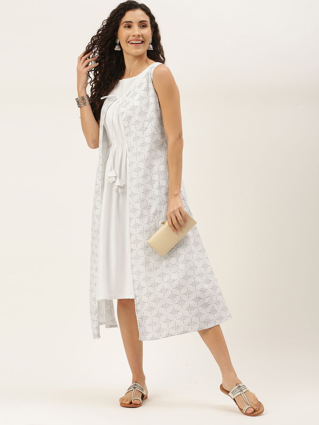 EthnoVogue White A-Line Midi Dress Price in India