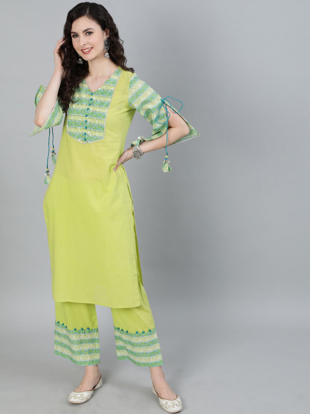 Jaipur Kurti Women Green Ethnic Motifs Yoke Design Pure Cotton Kurta with Trousers Price in India