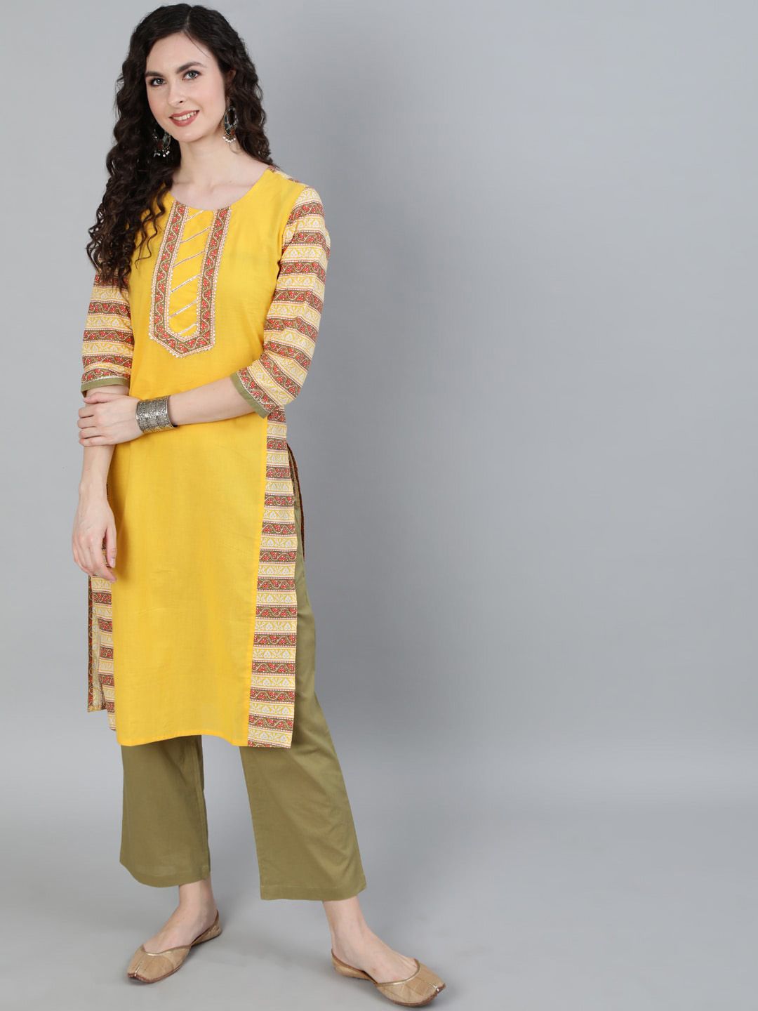 Jaipur Kurti Women Yellow & Green Ethnic Motifs Printed Pure Cotton Kurta with Trousers Price in India