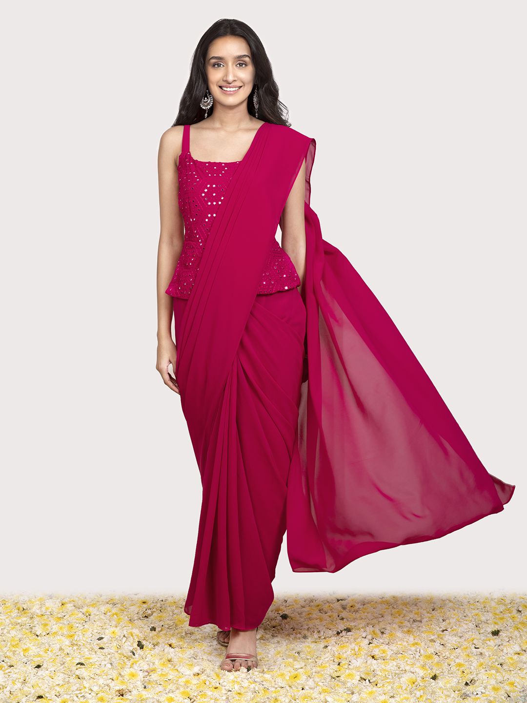 INDYA X Shraddha Kapoor Pink & White Mirror Embroidered Peplum Sari Tunic Price in India