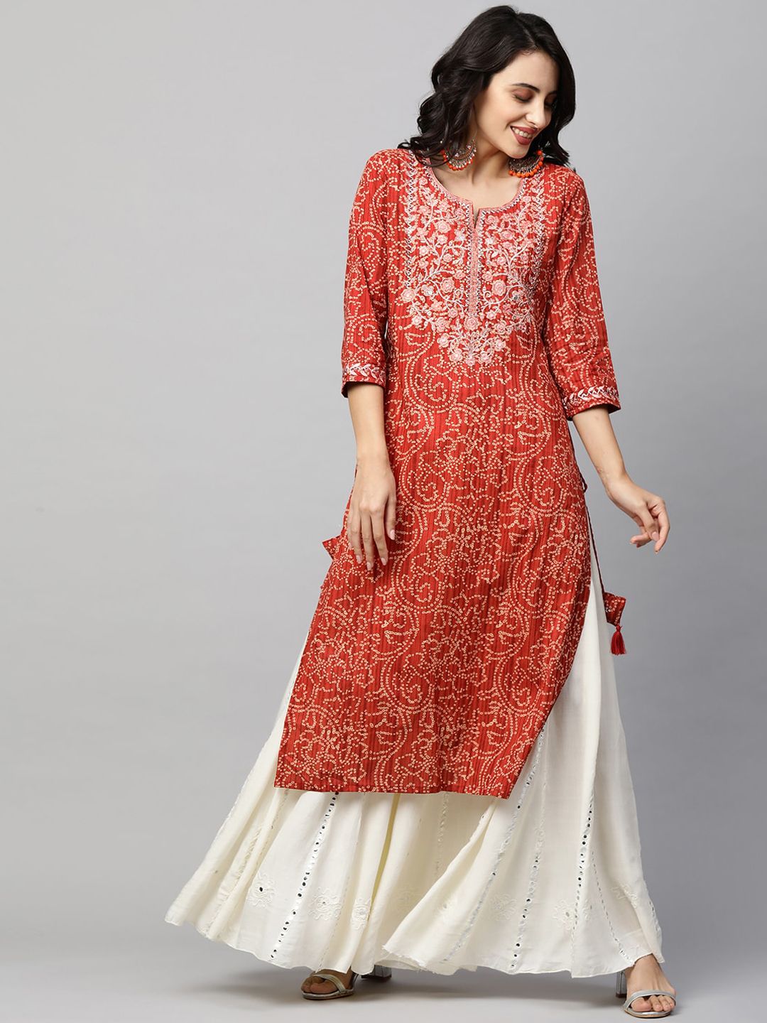 FASHOR Women Red Bandhani Printed & Zari Embroidered Kurta Price in India