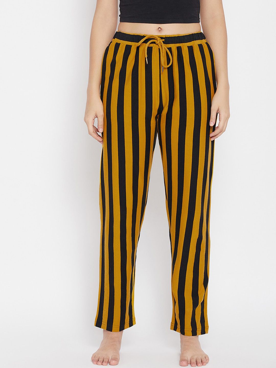 Hypernation Women Yellow & Black Striped Lounge Pant Price in India