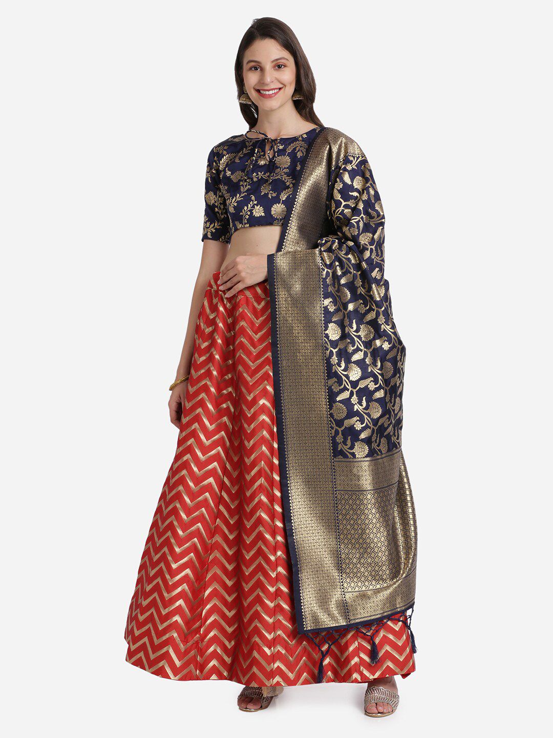 Mitera Red & Navy Blue Thread Work Unstitched Lehenga & Blouse With Dupatta