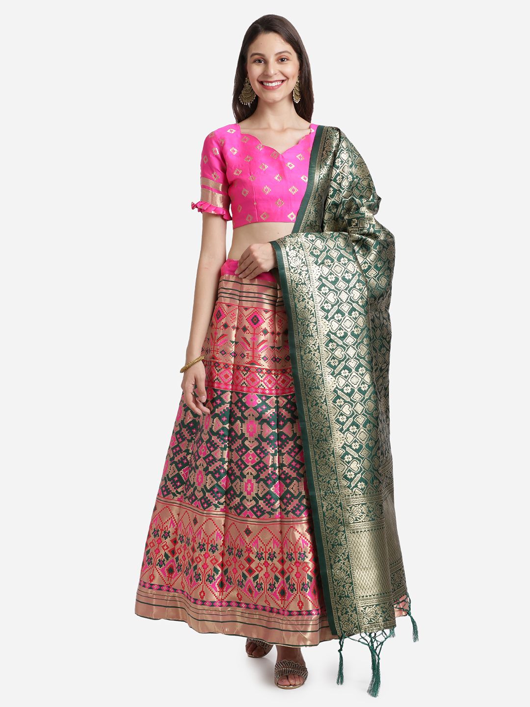 Mitera Pink & Green Thread Work Unstitched Lehenga & Blouse With Dupatta Price in India