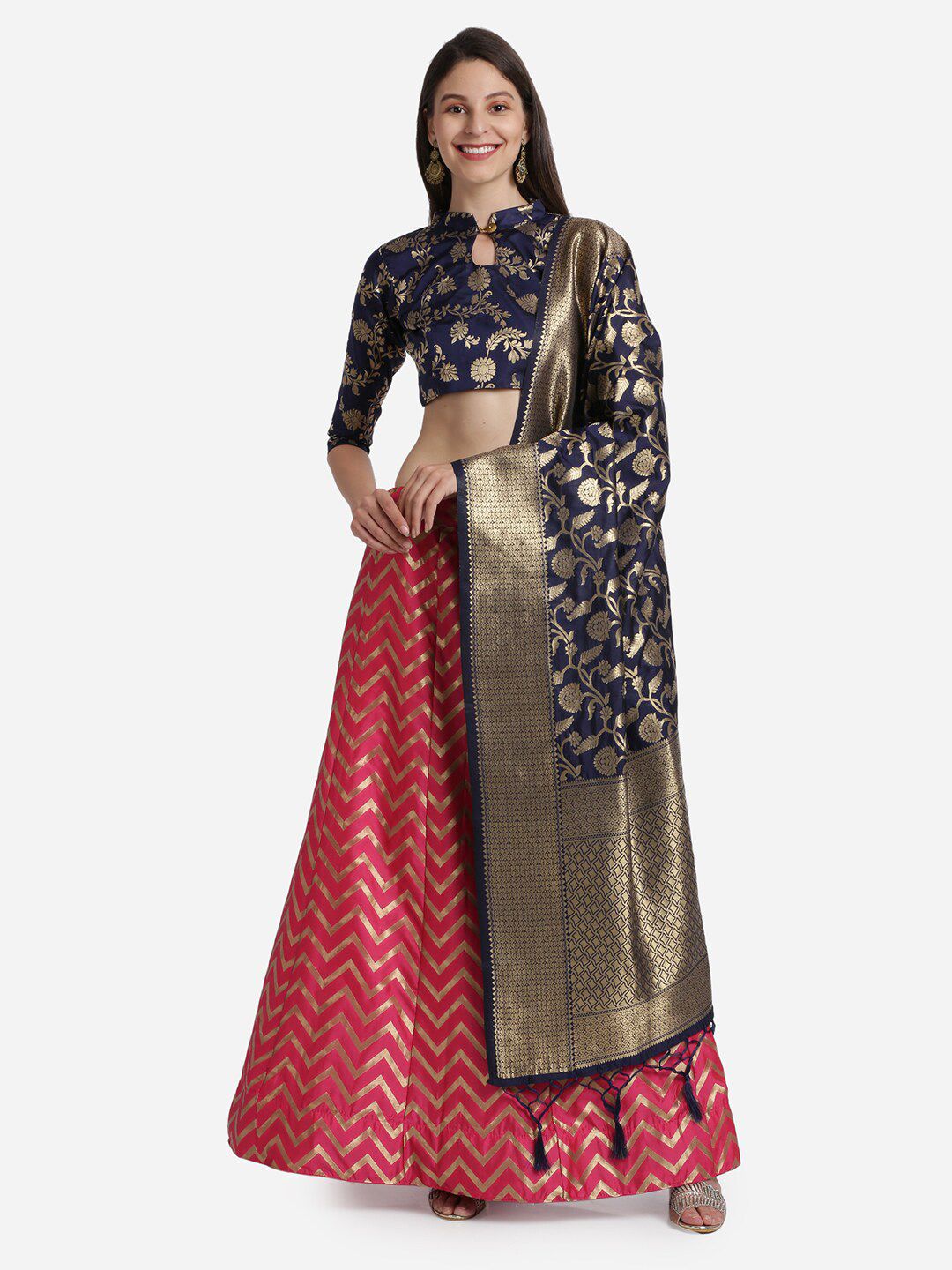 Mitera Pink & Navy Blue Unstitched Lehenga & Blouse With Dupatta Price in India