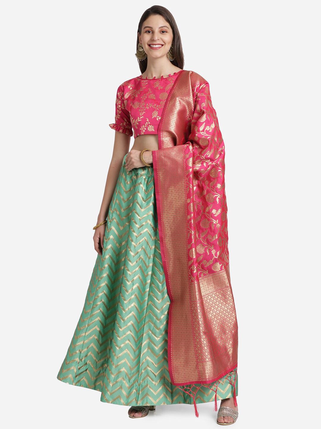Mitera Sea Green & Pink Thread Work Unstitched Lehenga & Blouse With Dupatta Price in India